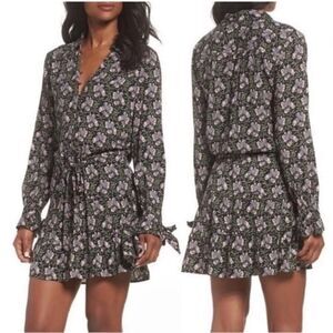 PAIGE Denisa Mini Drop Waist Long Sleeve Dress Storm Cloud Black Floral Size S